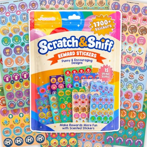 Scented scratch and sniff sticker rolls with cartoon fruit and animal designs