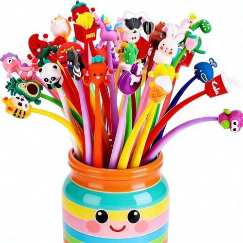 Ballpoint pens topped with soft silicone cartoon characters in bright colors