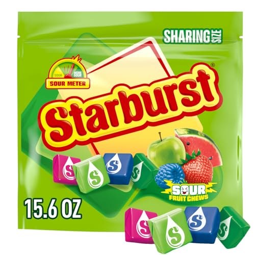 Resealable share size bag of Starburst sour fruit chews