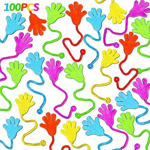 Stretchy sticky hand toys on long coiled arms in assorted colors