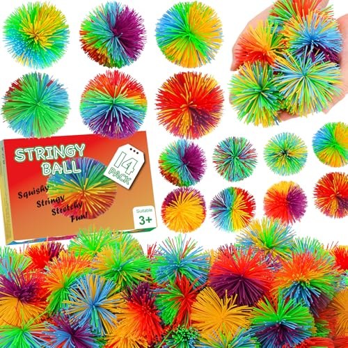 Soft rainbow stringy pom bouncy balls with fringed surfaces