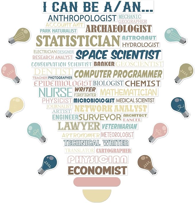 Career words arranged in a lightbulb shape with muted bulb cutouts