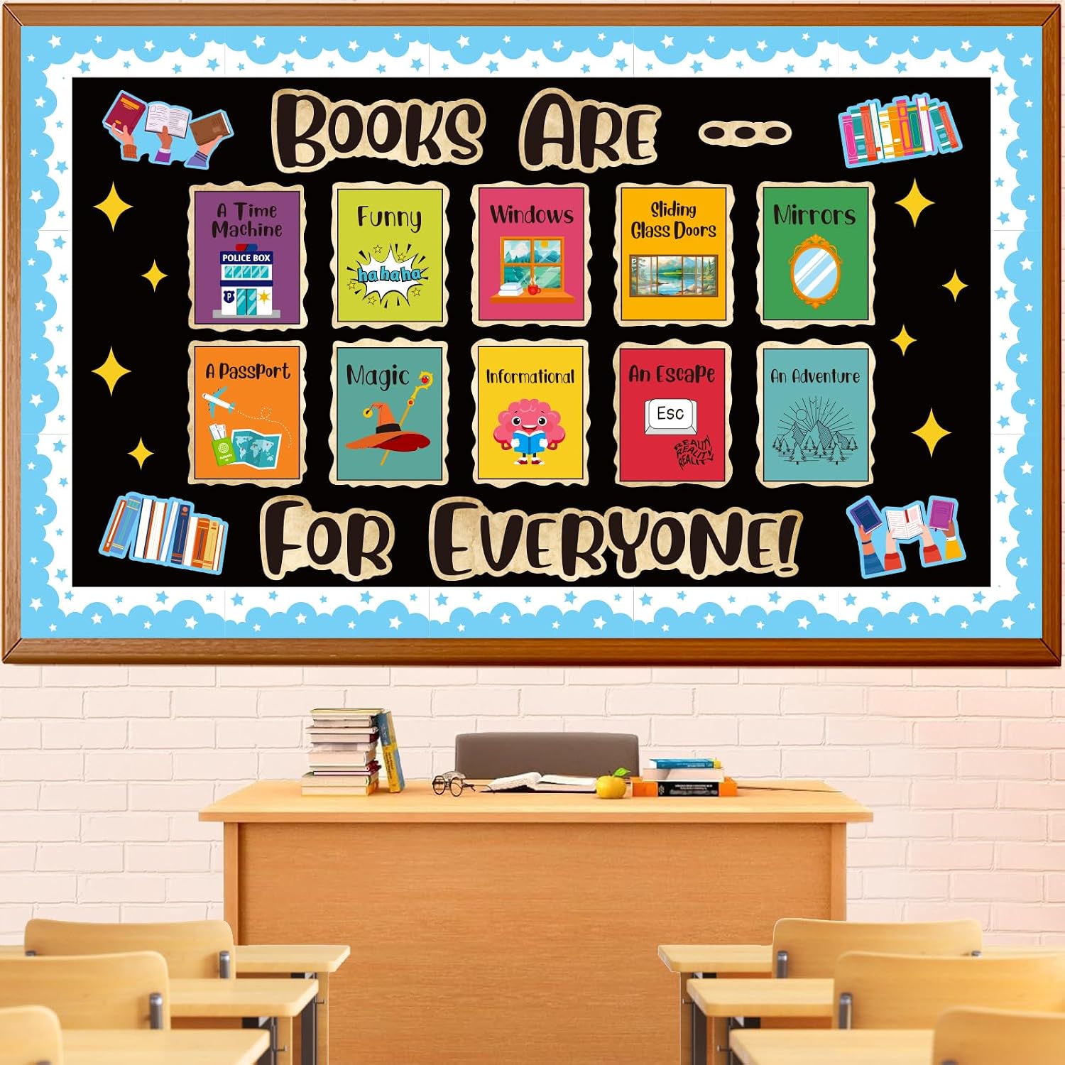 Book-definition cards on a black bulletin board reading Books Are for Everyone
