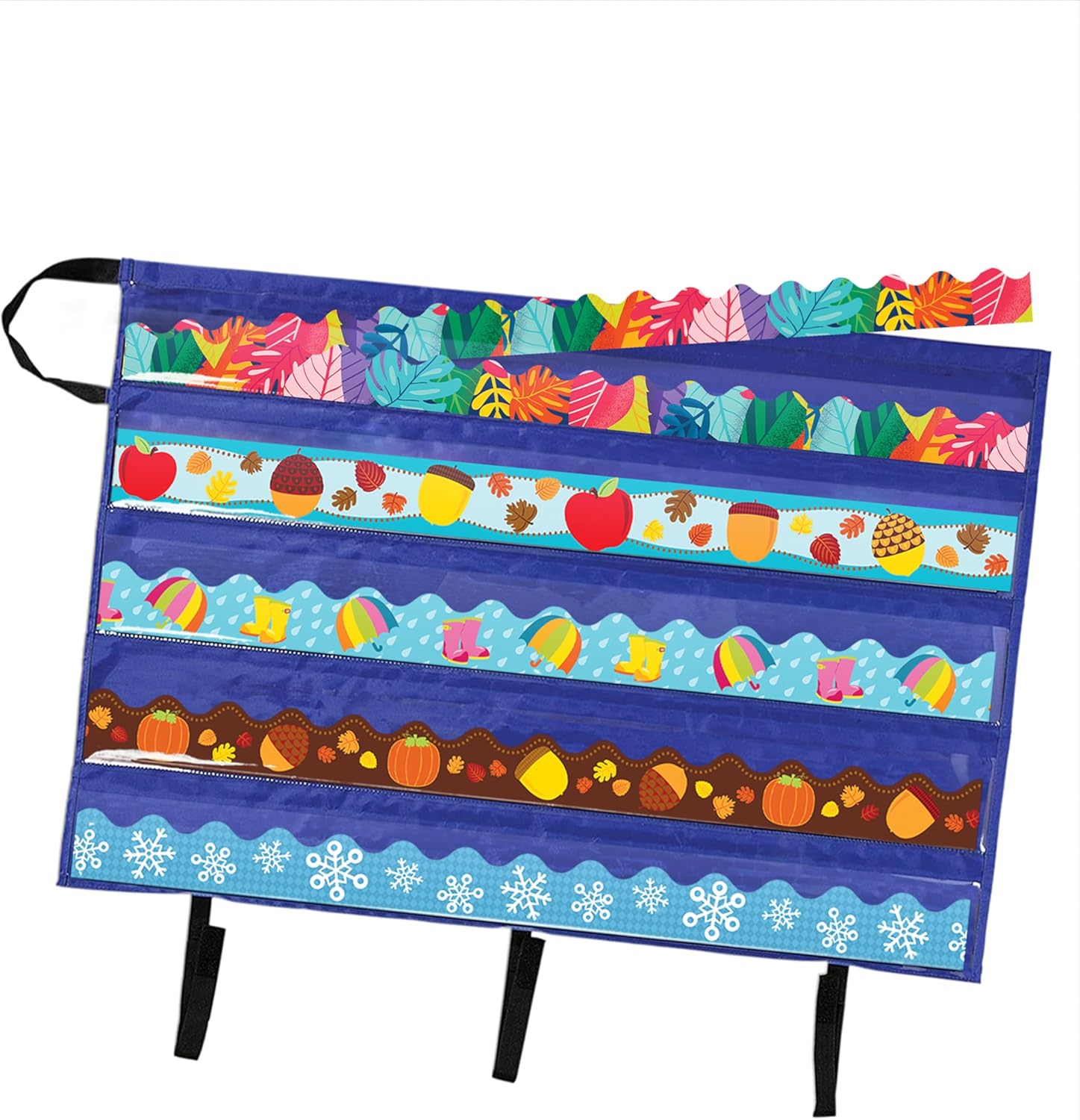 Foldable border storage organizer with clear pockets holding trim strips