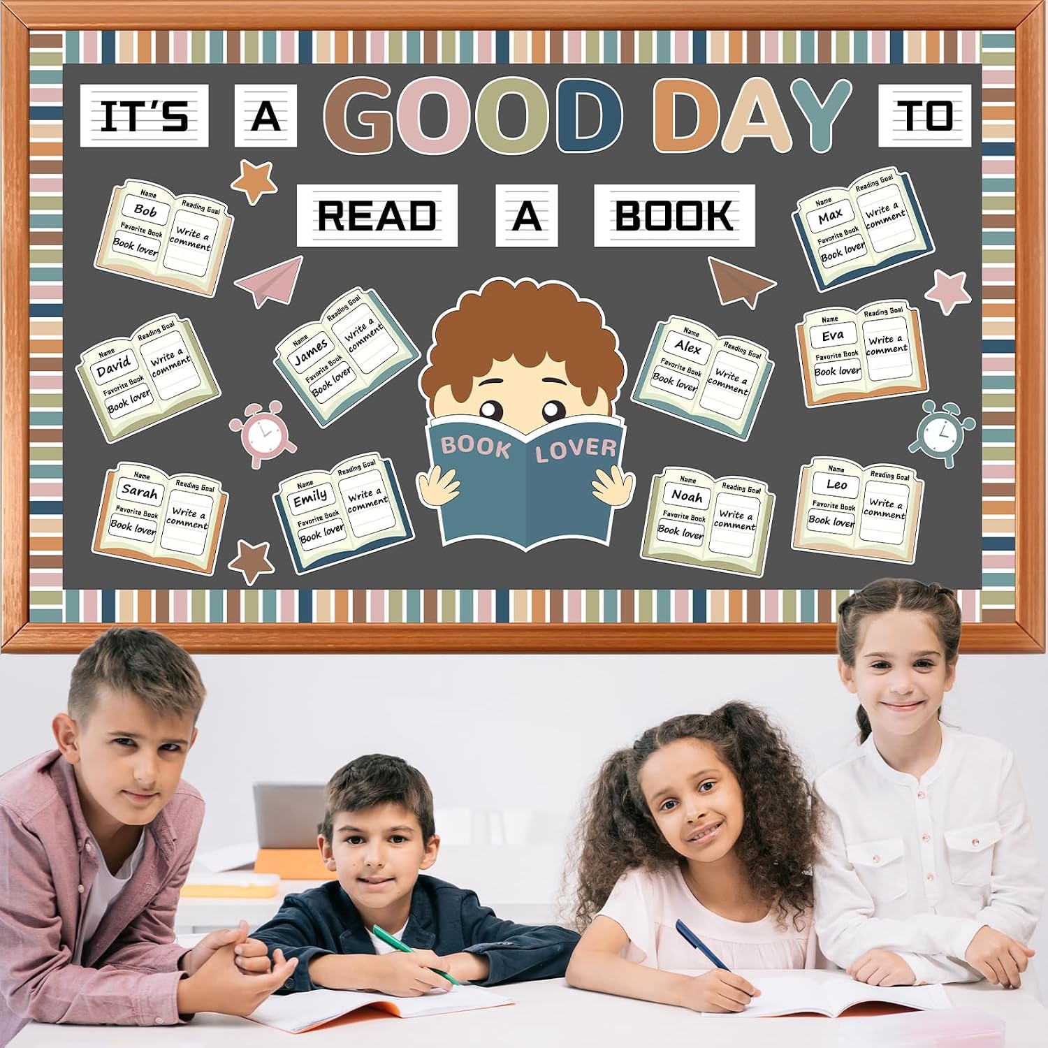 Bulletin board with open-book cards for names, reading goals, and comments