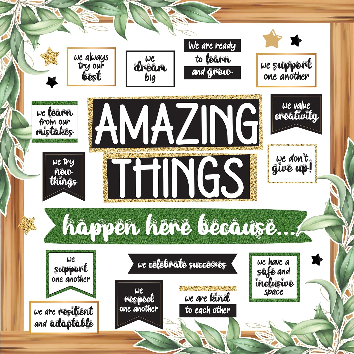 Farmhouse classroom decor set with greenery and framed classroom norms