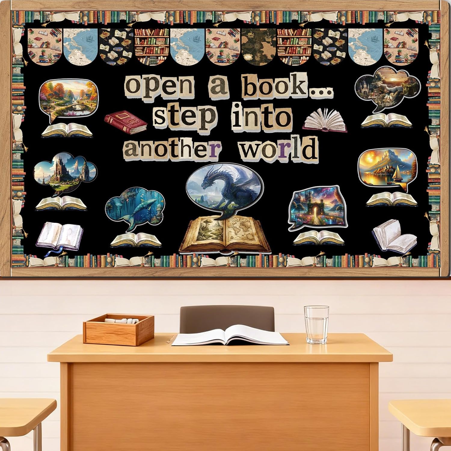 Black bulletin board with cut-paper lettering and thought bubbles showing dragons and castles