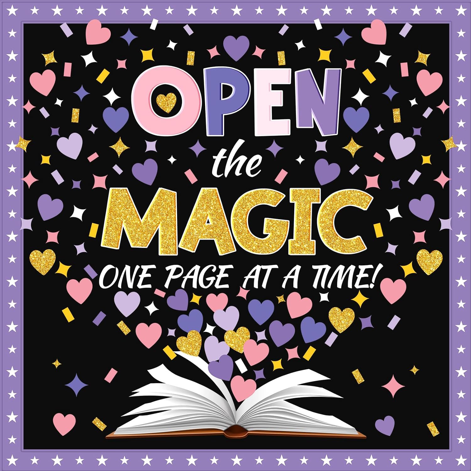 Open book with hearts and confetti rising from it on a black background with gold lettering