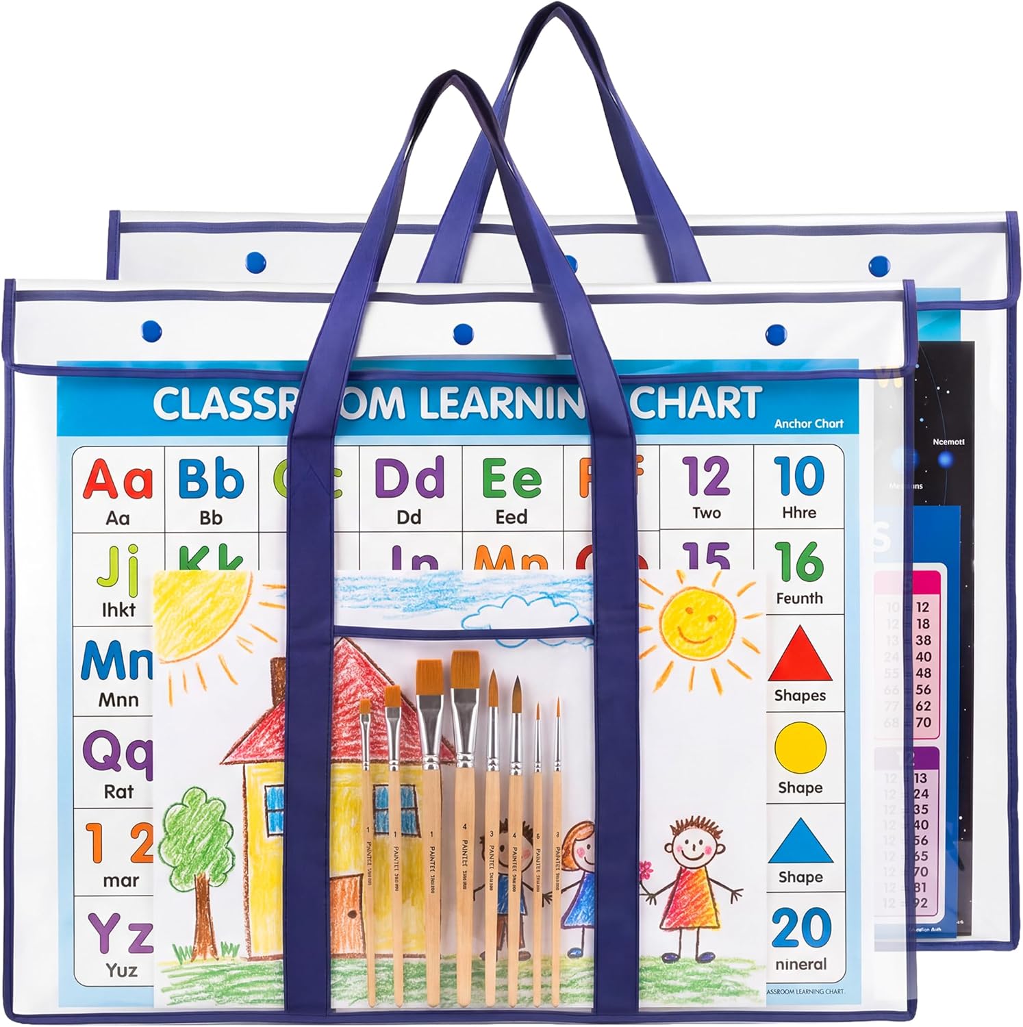 Two clear zip poster storage portfolios with blue handles