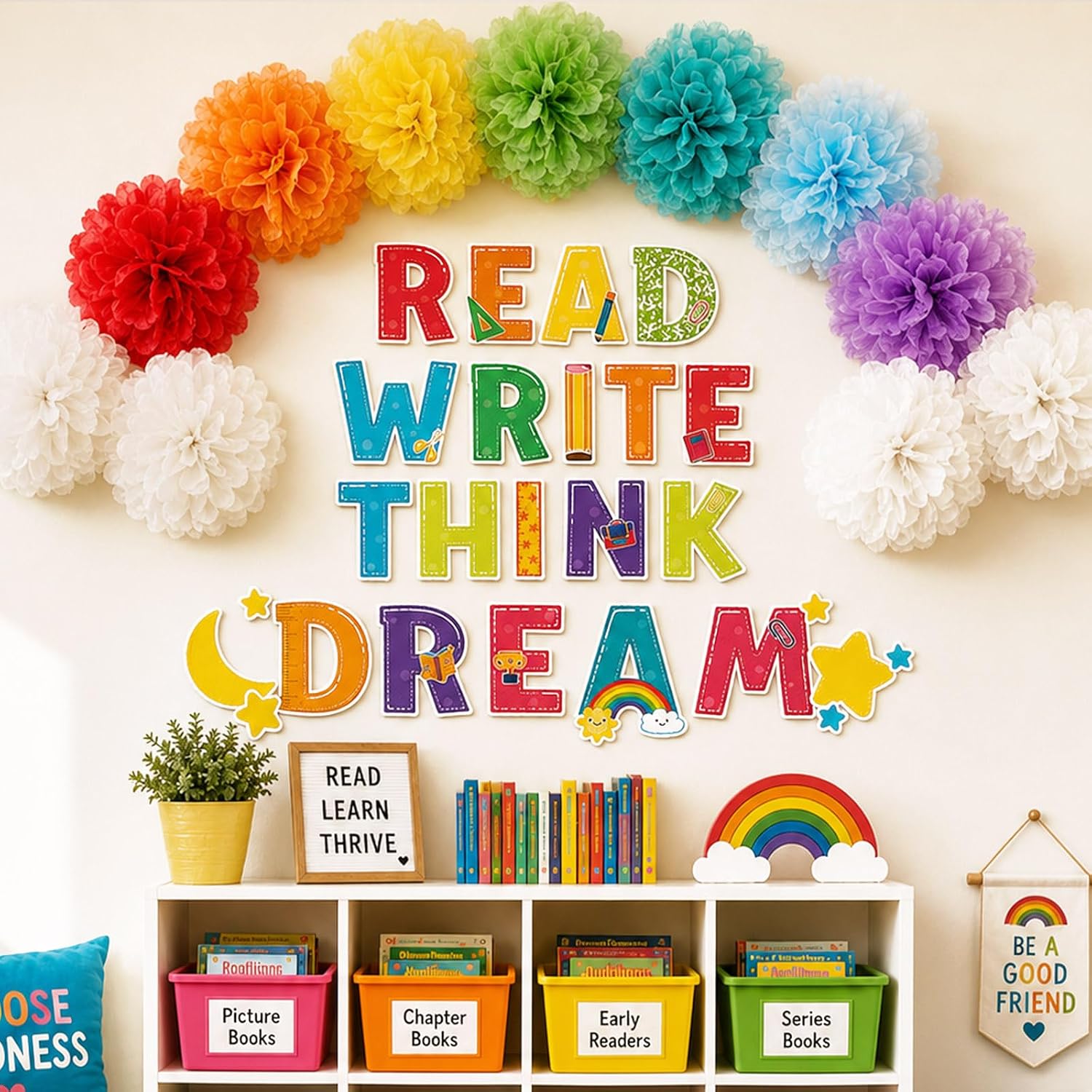 Bold die-cut letters spelling Read Write Think Dream with tissue poms above