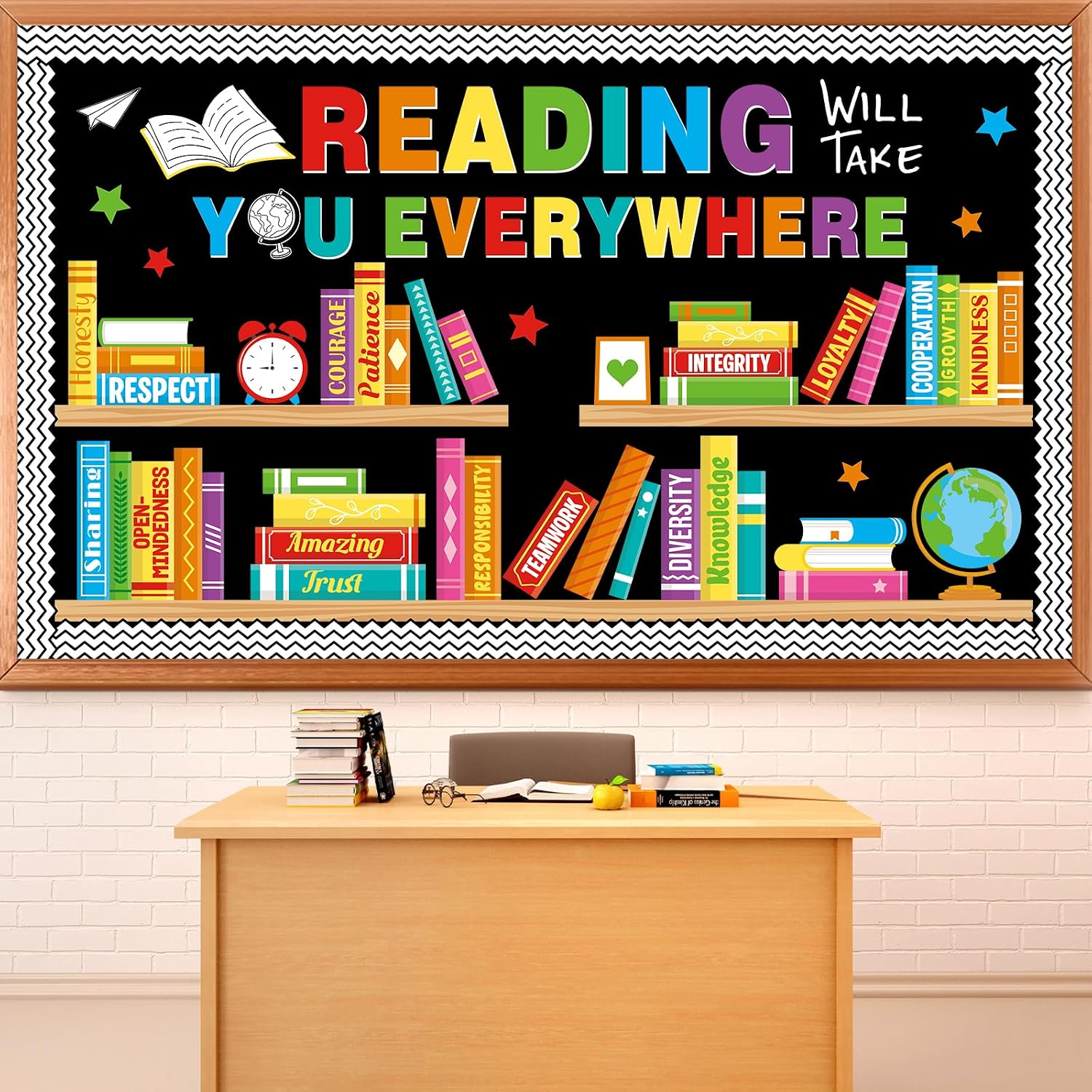Bright bookshelf bulletin board on black with character-word book spines