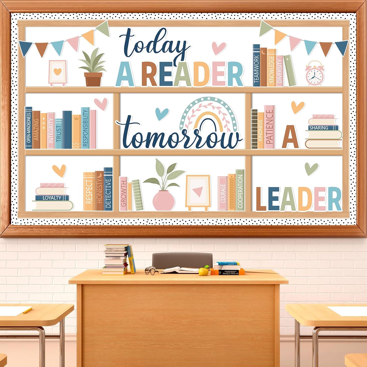 Boho bookshelf bulletin board with book spines printed as character words