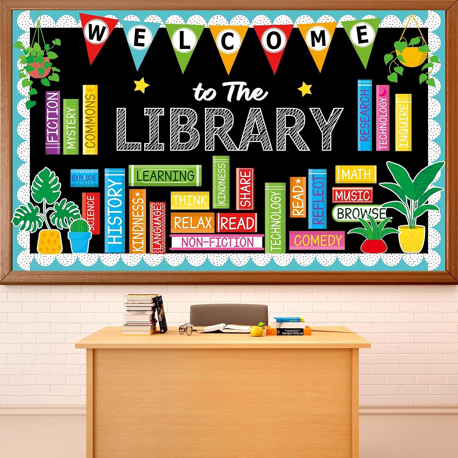 Welcome to the Library bulletin board with pennant banner and labeled book spines