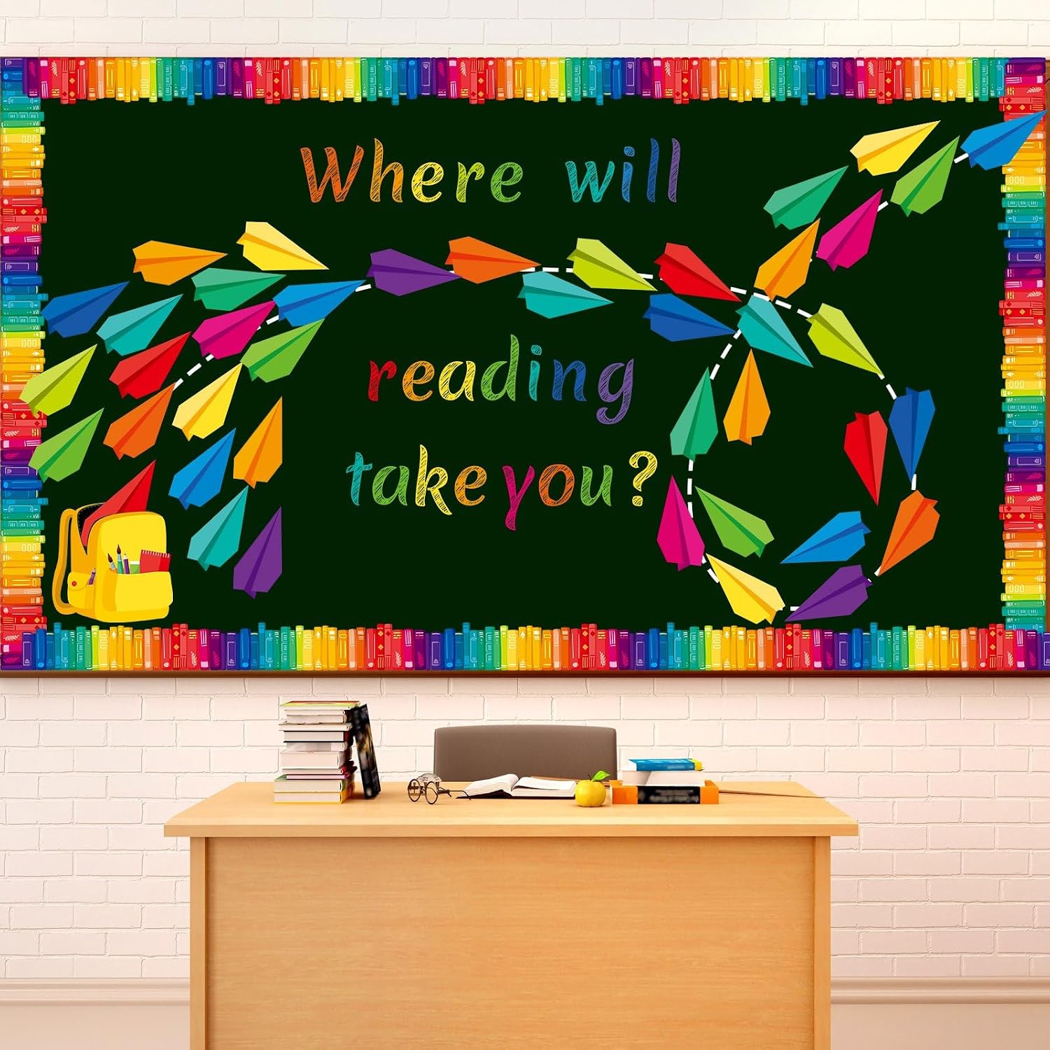 Paper airplane cutouts tracing dotted flight paths on a board with a rainbow book border