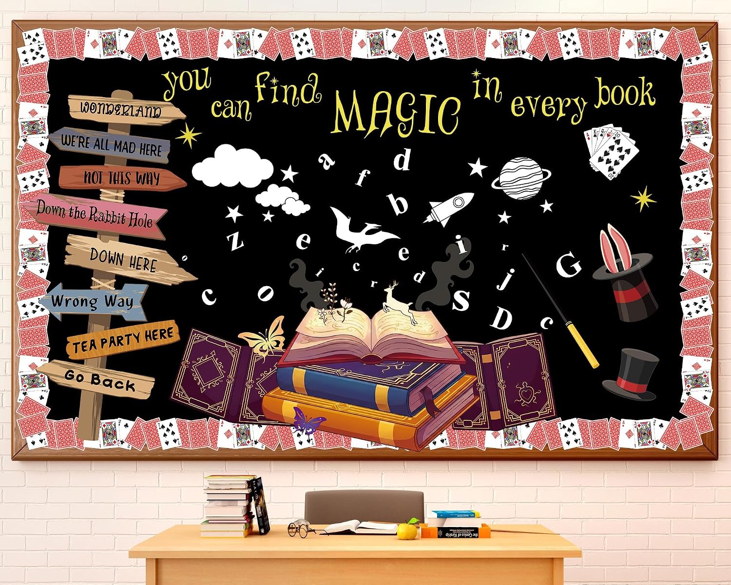 Black bulletin board with Wonderland signposts, top hat, and playing card border