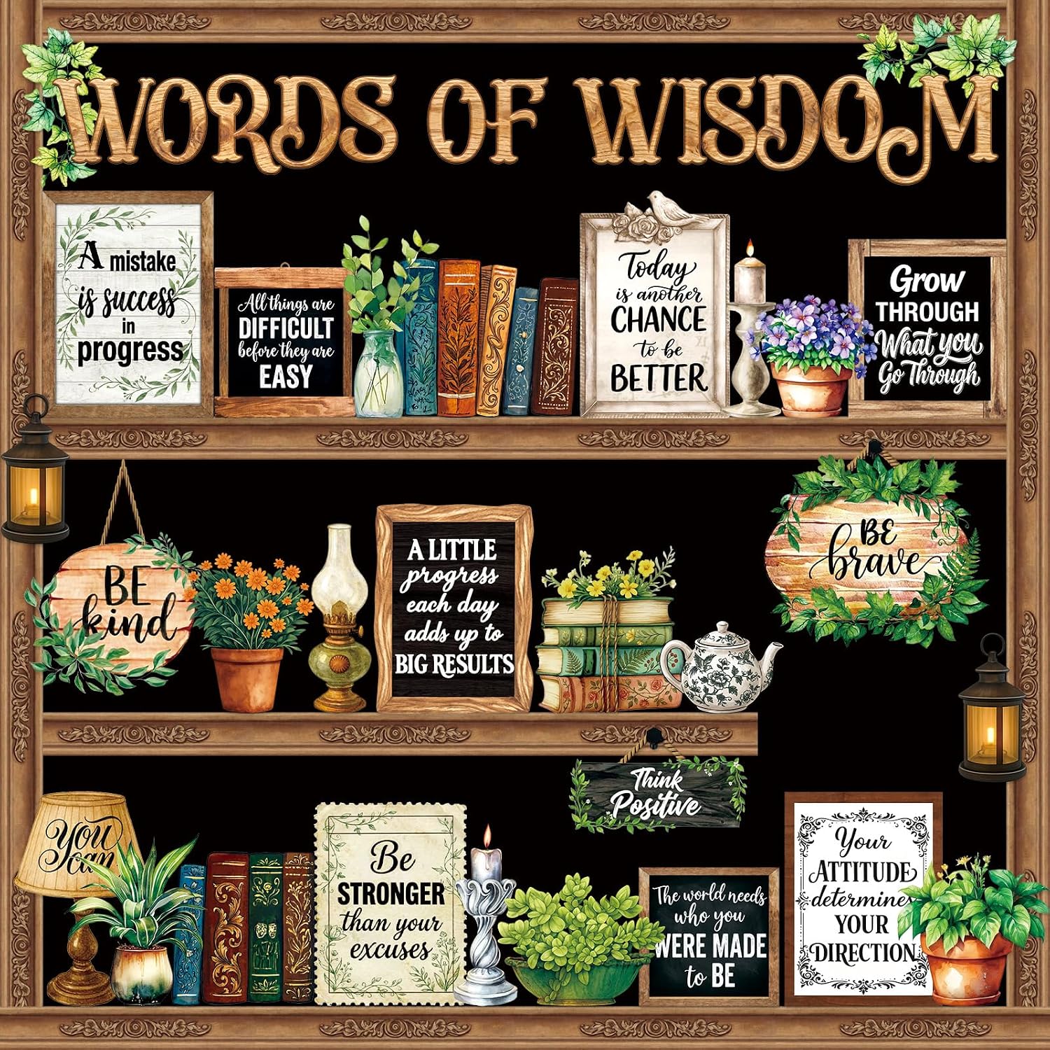 Ornate wooden shelves with leather book spines, lanterns, and framed quotes
