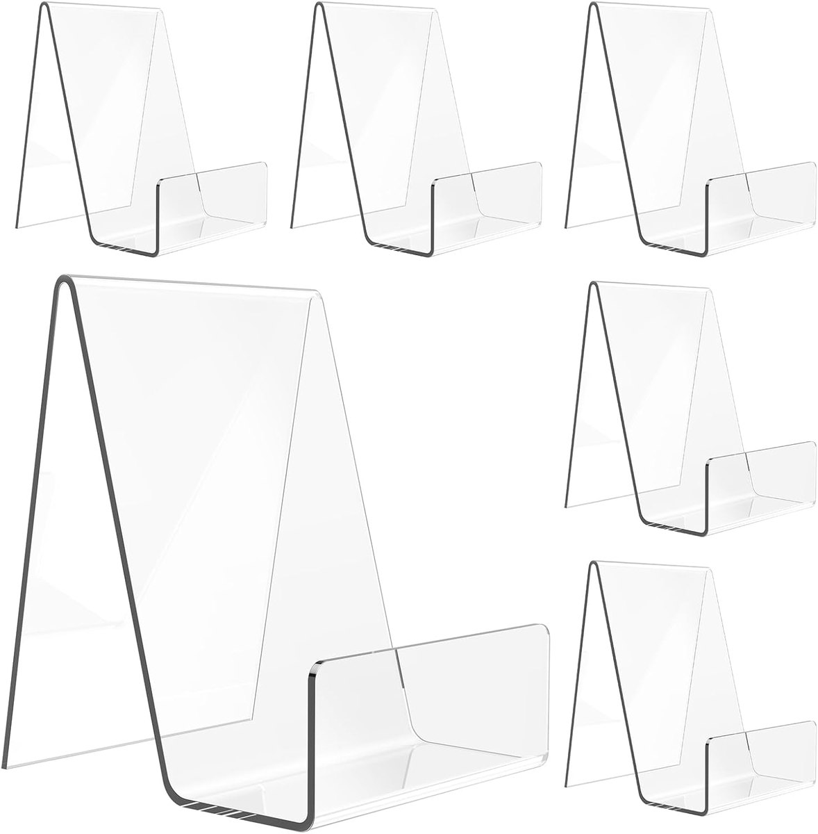 Six clear acrylic A-frame stands with a deep front lip for holding a book