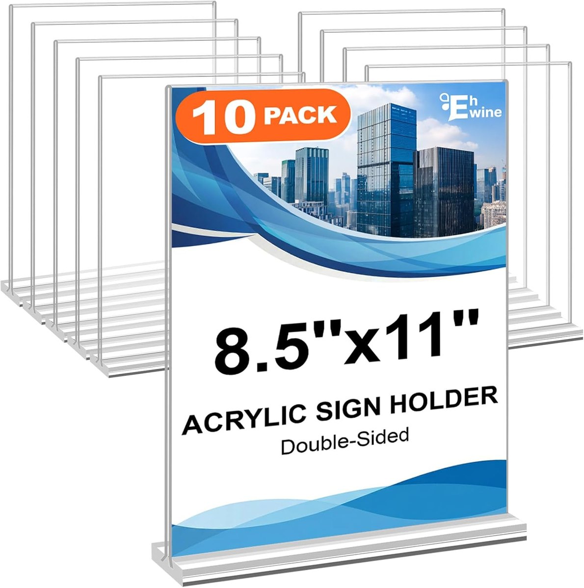 Clear acrylic double-sided sign holders standing upright in a row