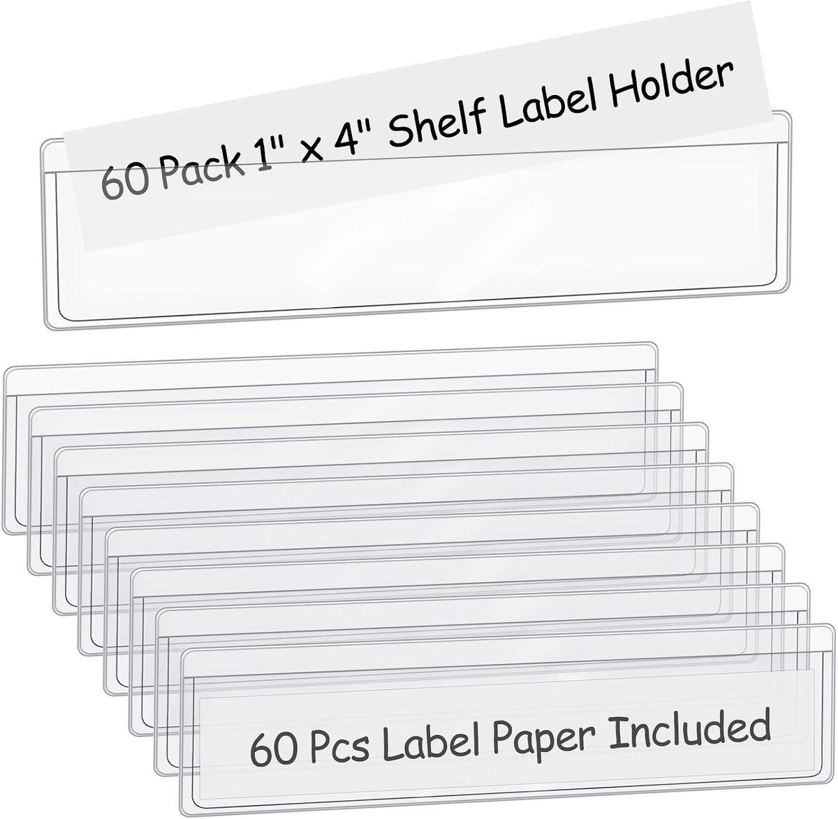 Stack of clear self-adhesive label holder pockets with paper inserts