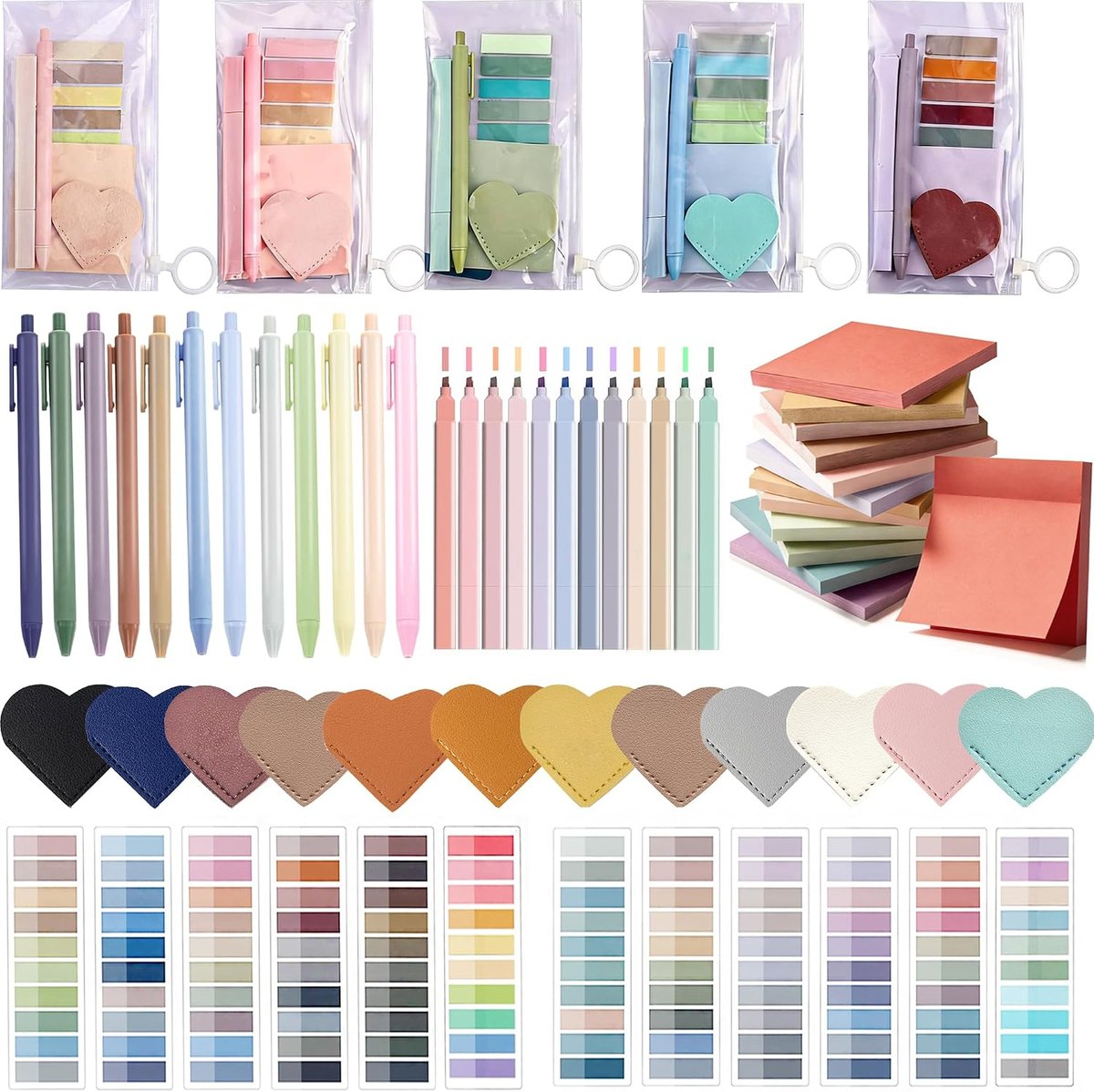 Annotation kit contents: pens, highlighters, sticky tabs and heart bookmarks