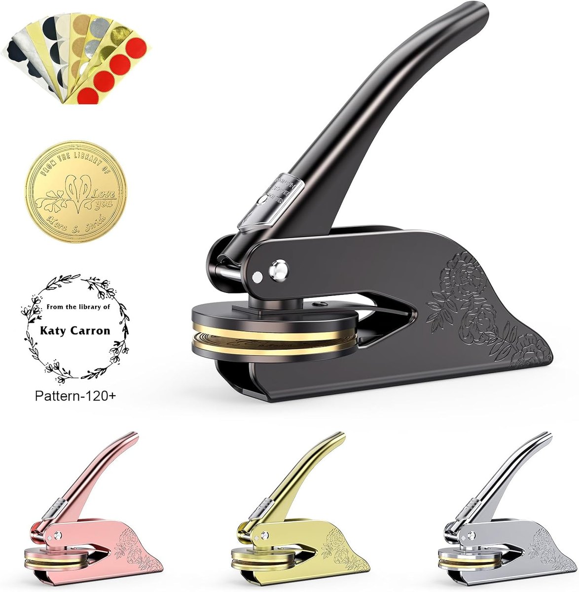 Black handheld embosser with sample embossed gold seals