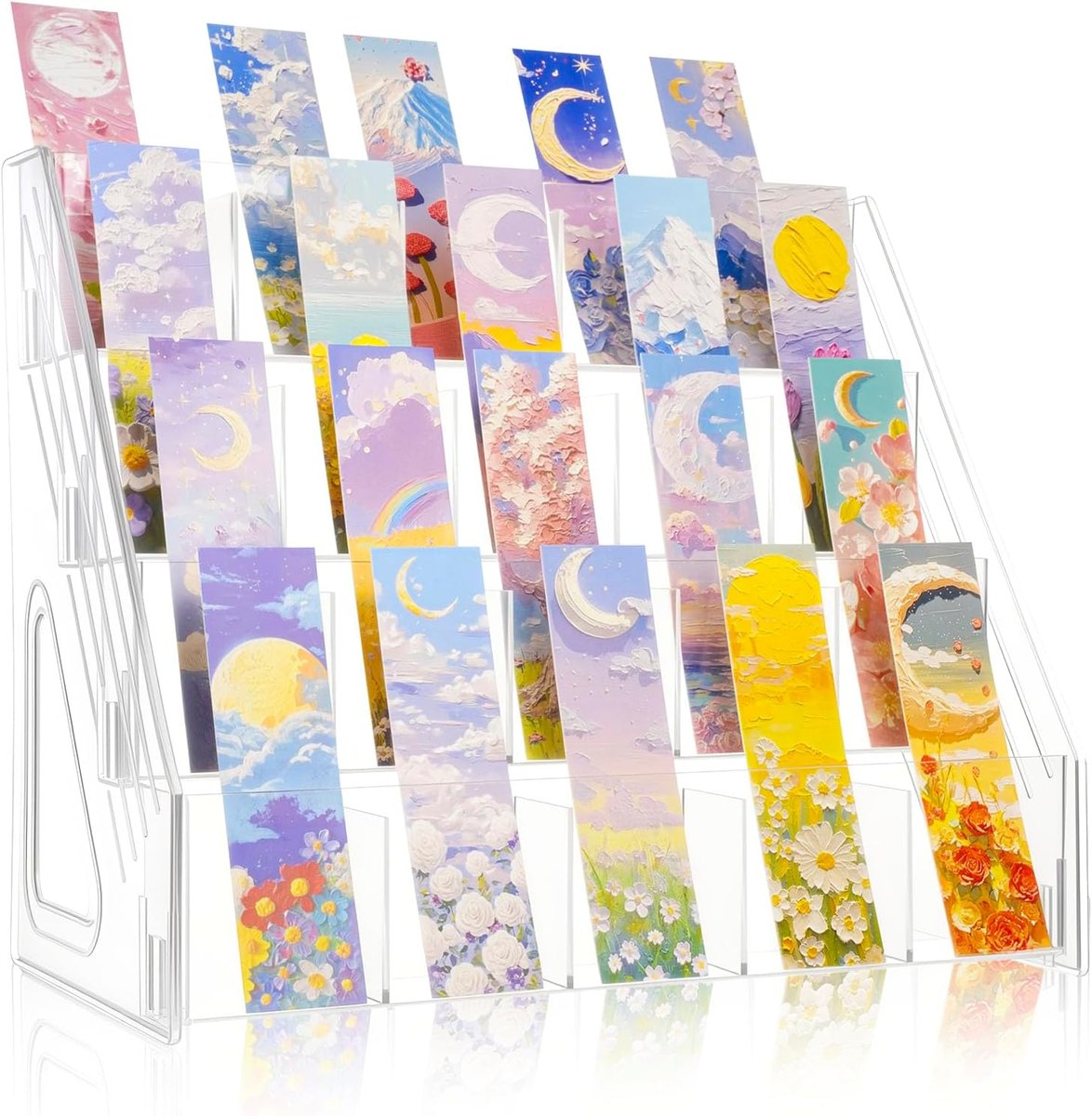 Four-tier clear acrylic bookmark display filled with illustrated bookmarks