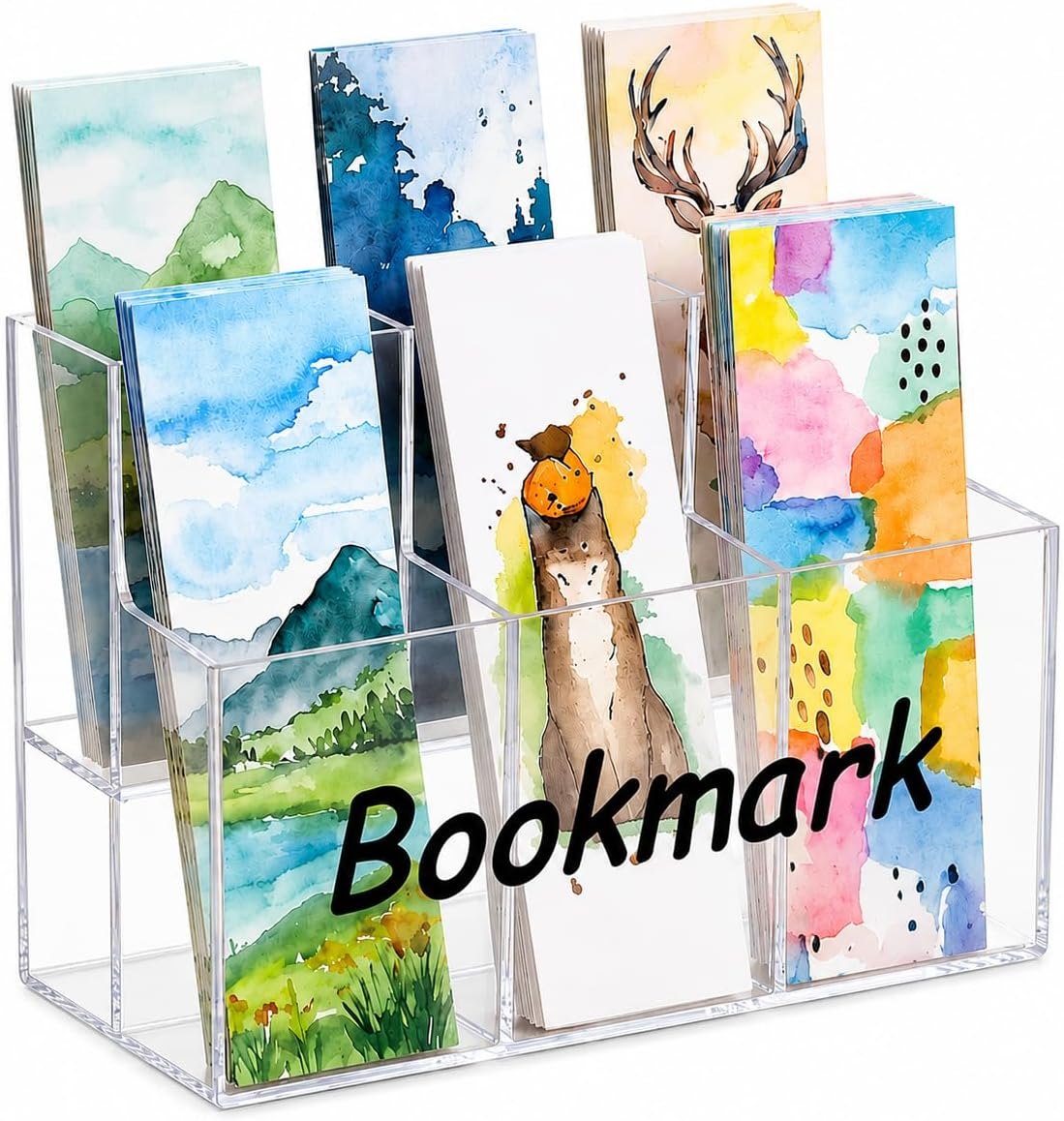 Clear acrylic six-slot bookmark holder filled with painted bookmarks