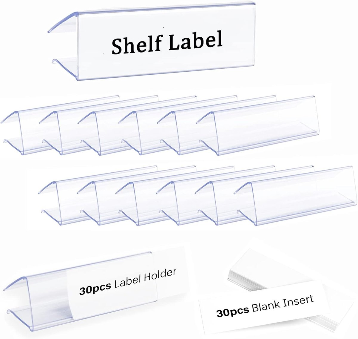 Row of clear plastic clip-on shelf label holders with blank paper inserts