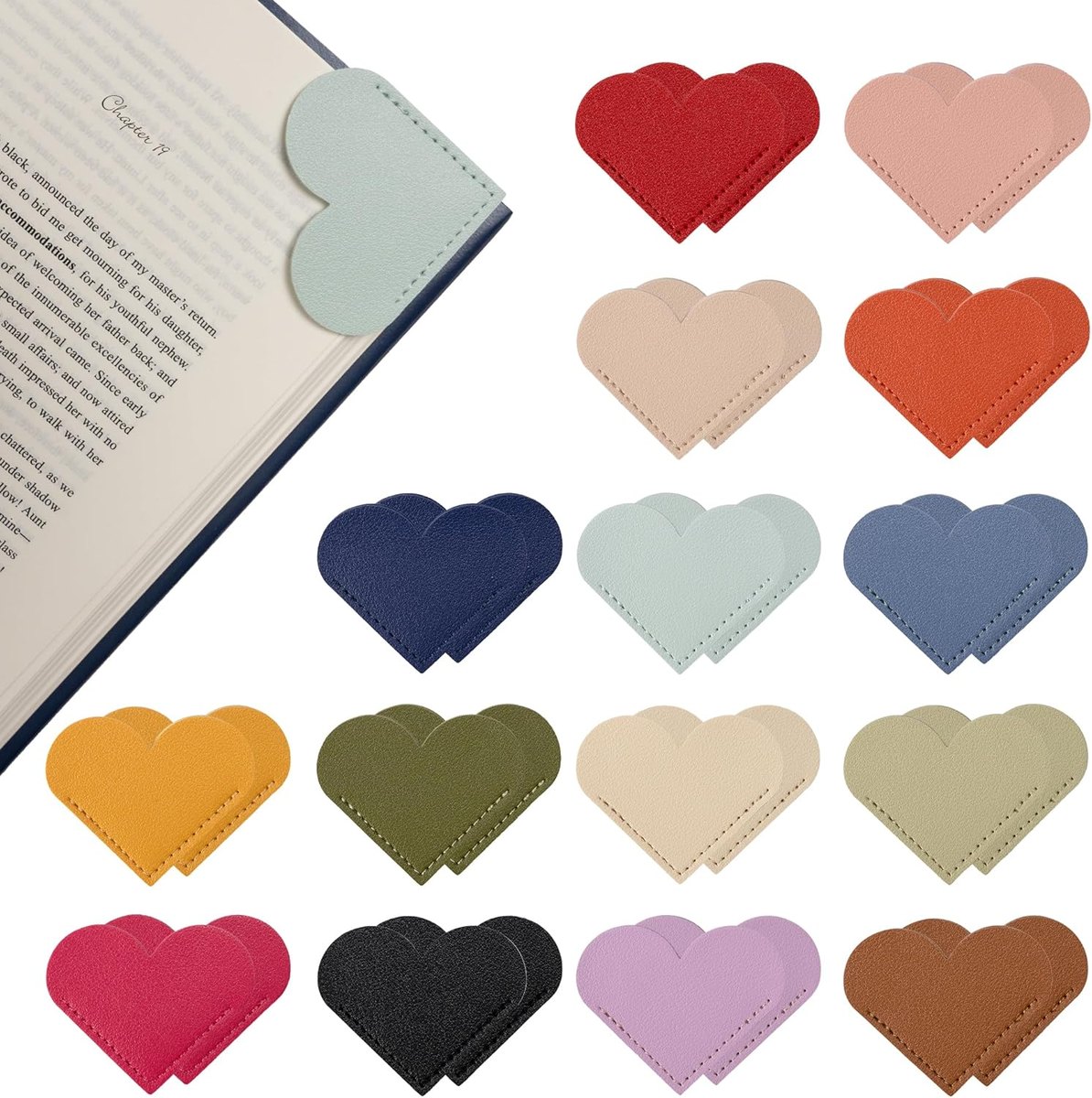 Folded faux leather heart corner bookmarks in fifteen colors