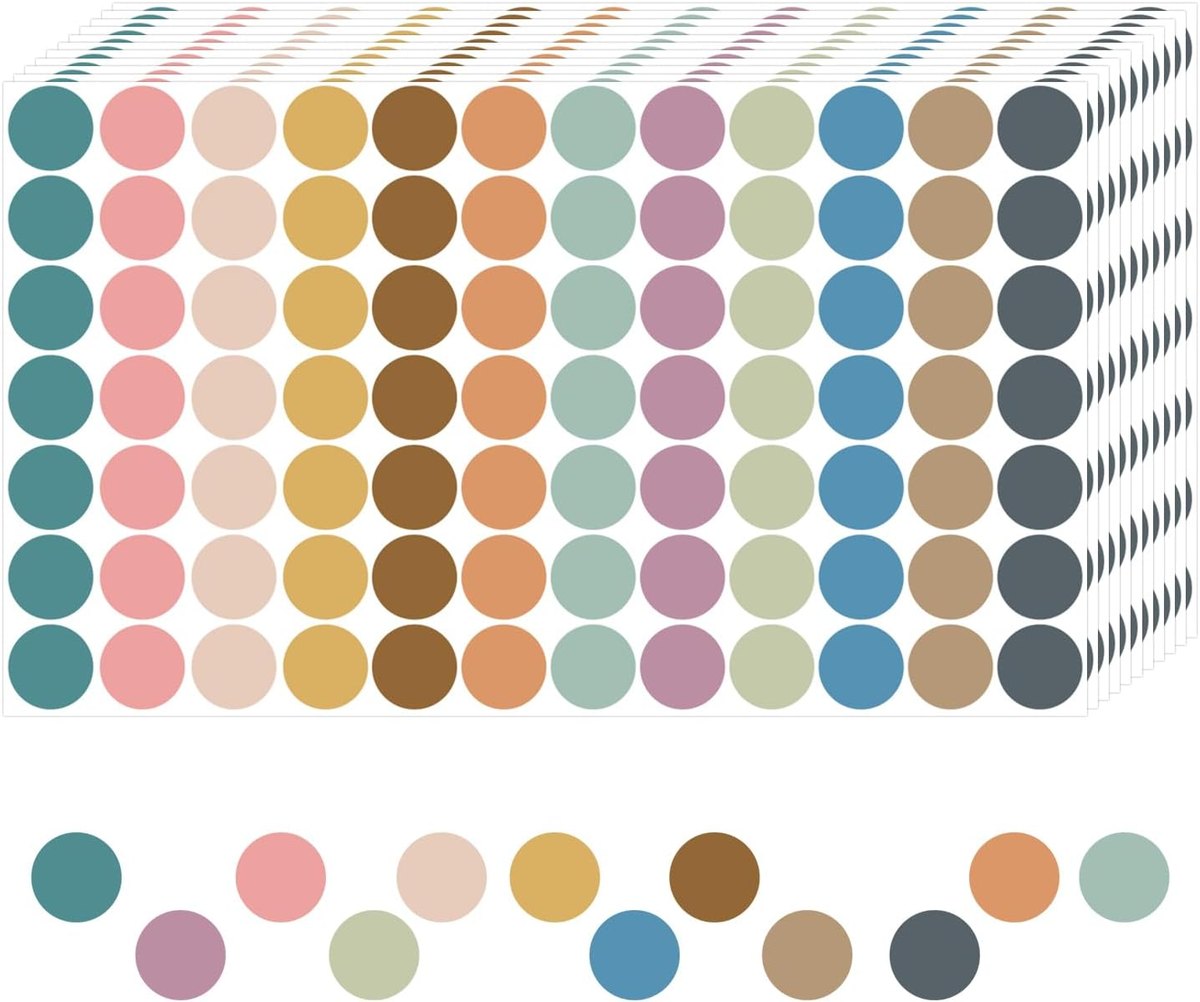 Sheets of round color-coding dot stickers in muted teal, rose, mustard and sage