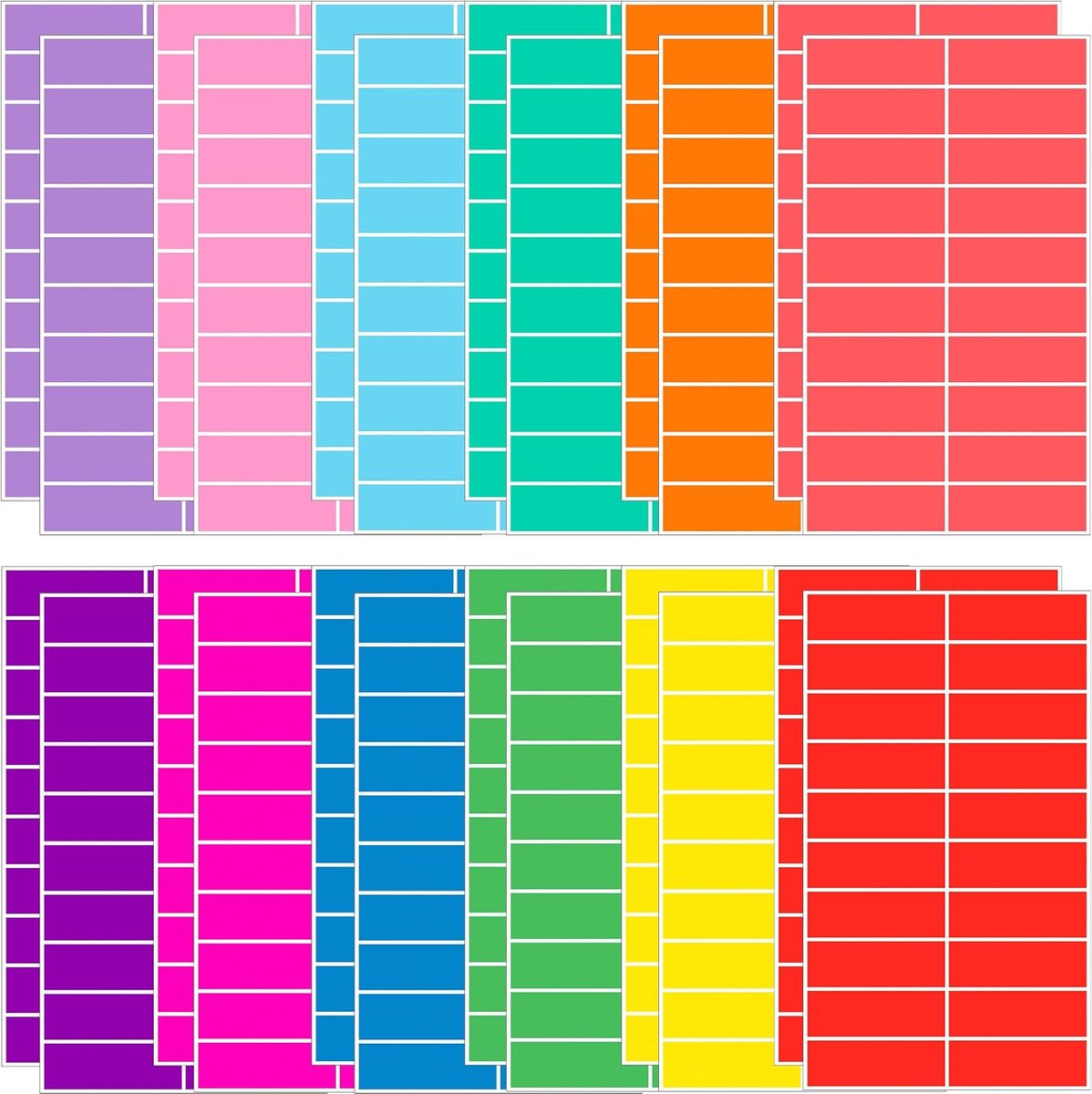 Sheets of rectangular colored labels in twelve bright colors