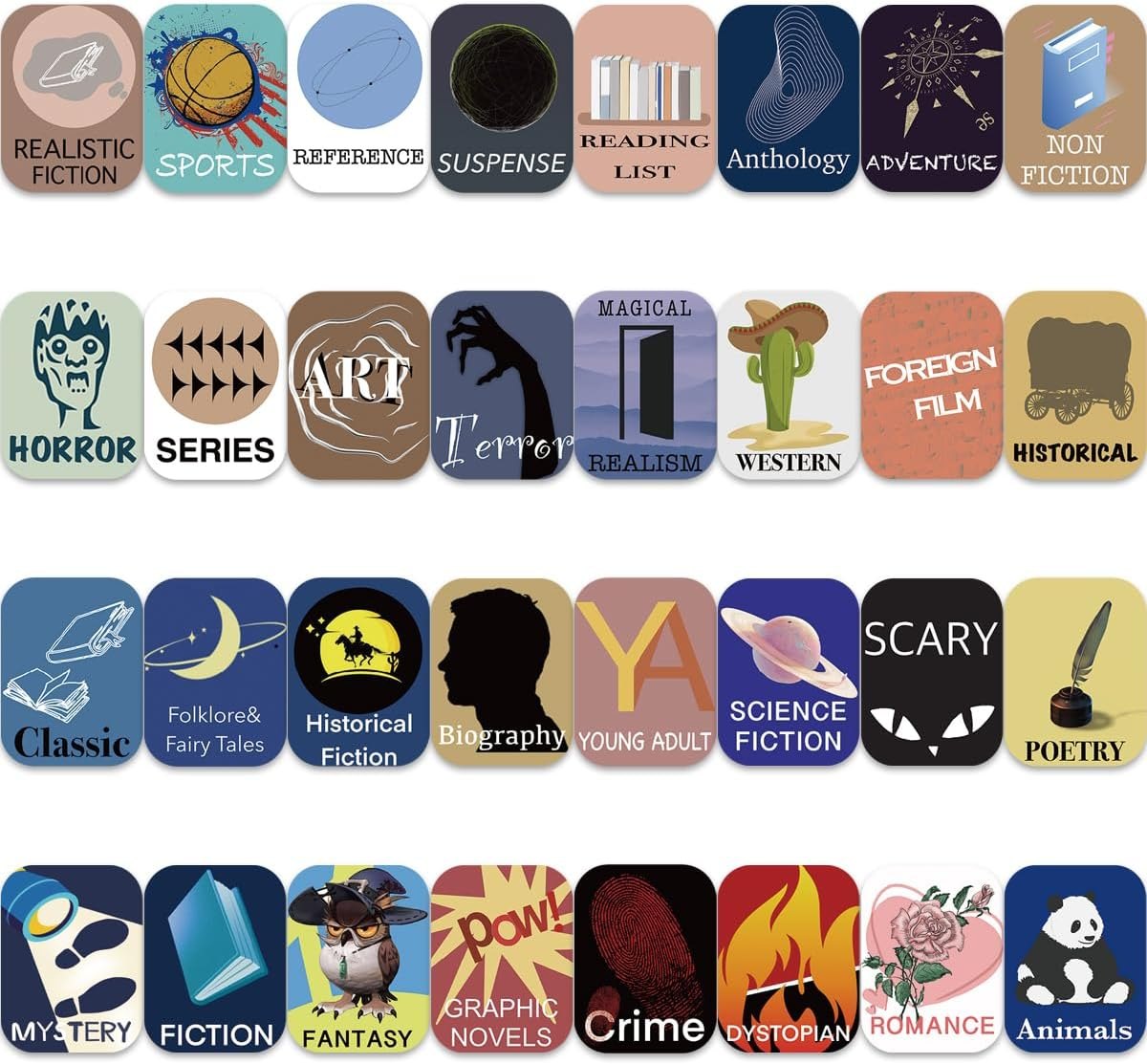 Grid of printed genre spine labels including fantasy, mystery and poetry