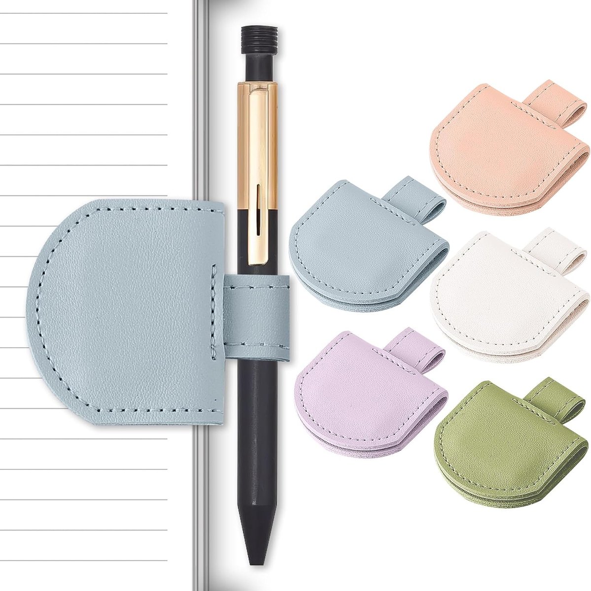 Faux leather magnetic bookmark clips holding a slim pen