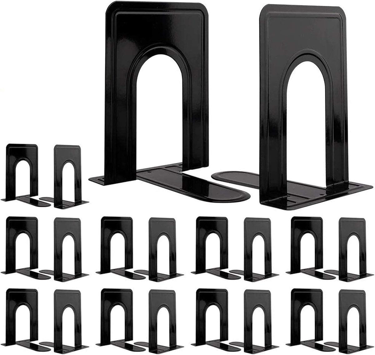 Black metal L-shaped bookends arranged in pairs