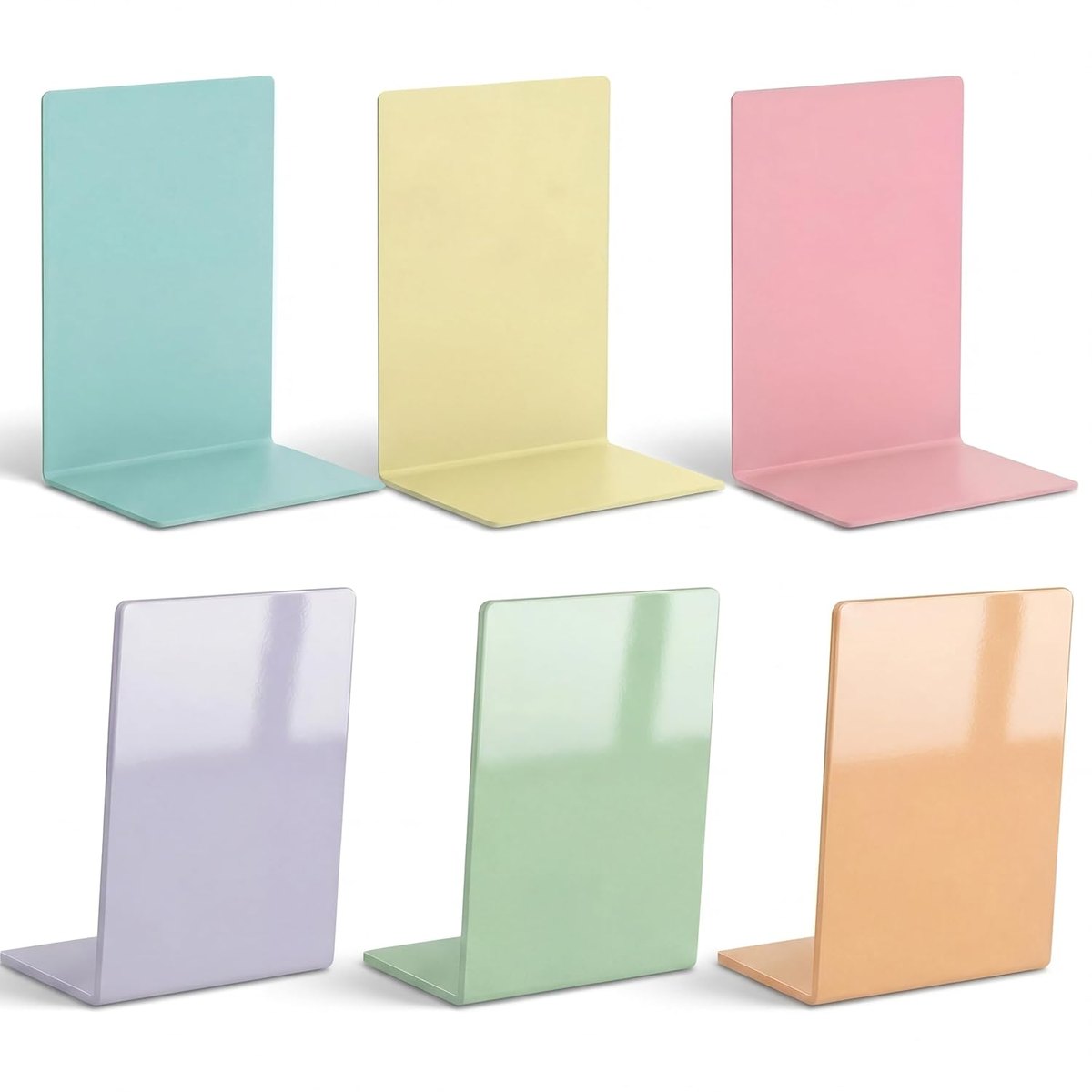 Six L-shaped bookends in pastel mint, yellow, pink, lilac, green and peach