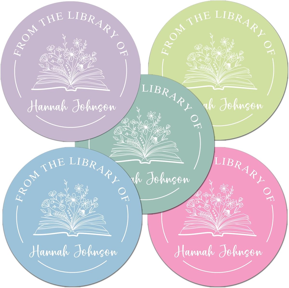 Round pastel book labels with a line-drawn open book and wildflowers
