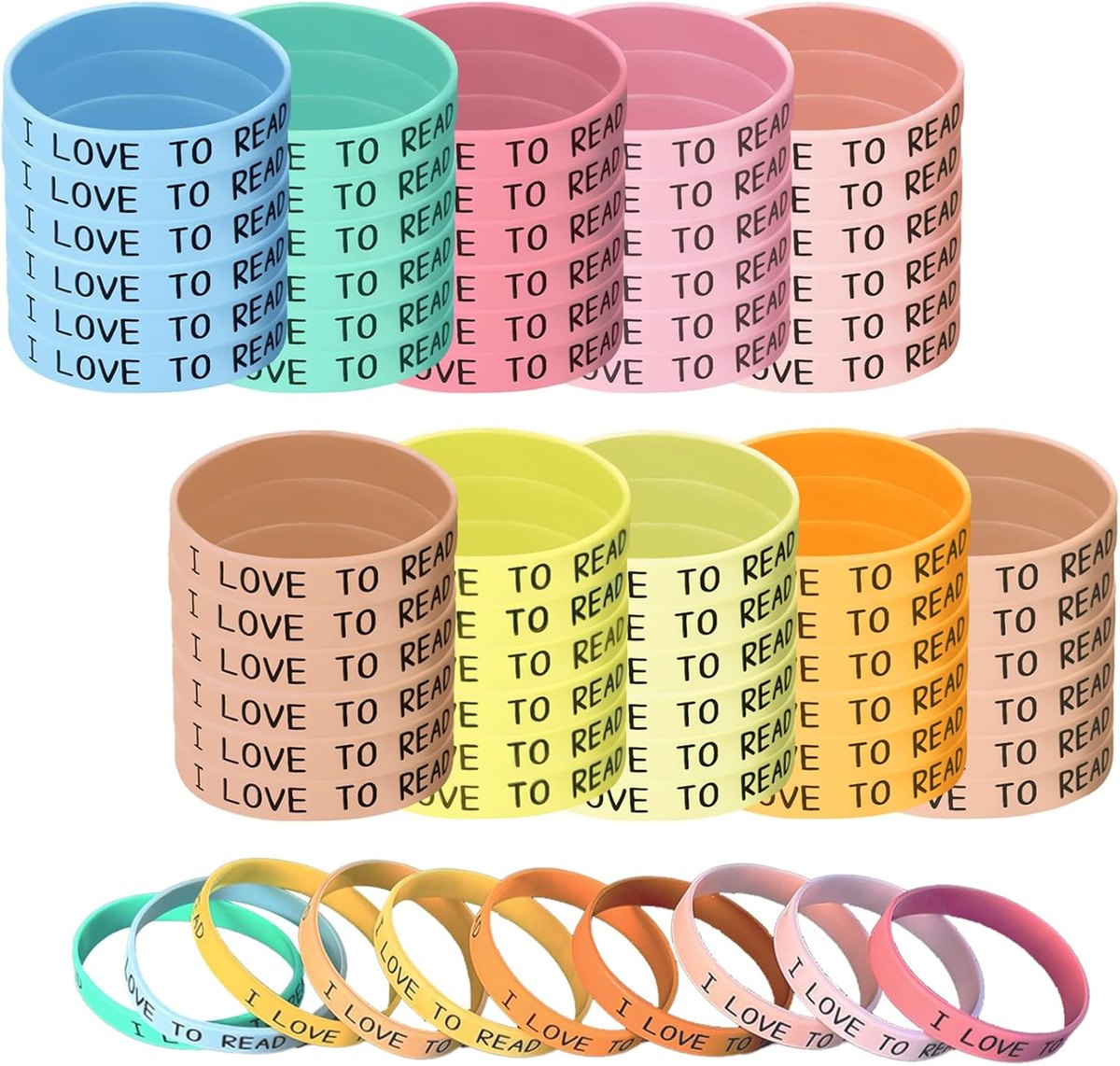Stacks of silicone wristbands reading I love to read in ten colors