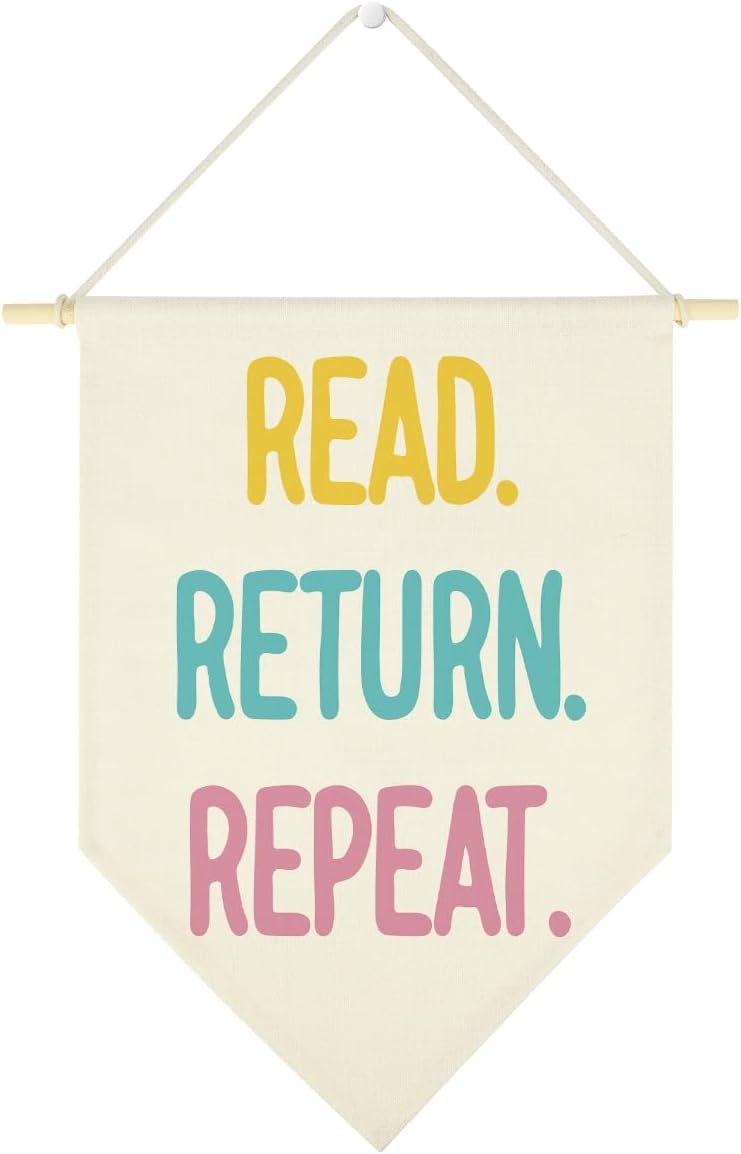 Cream canvas pennant banner reading read return repeat in yellow, teal and pink