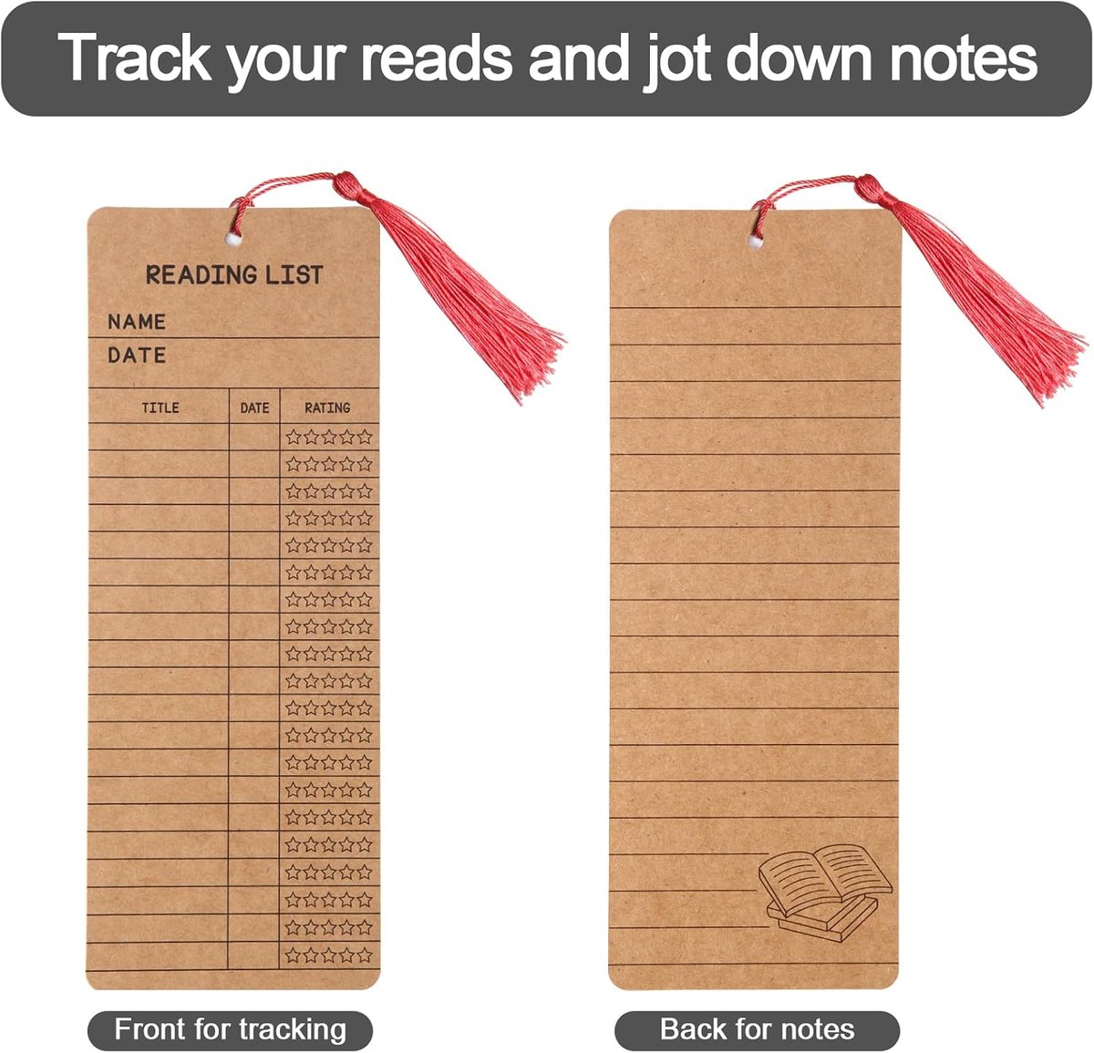 Kraft paper reading log bookmarks with red tassels, front and back