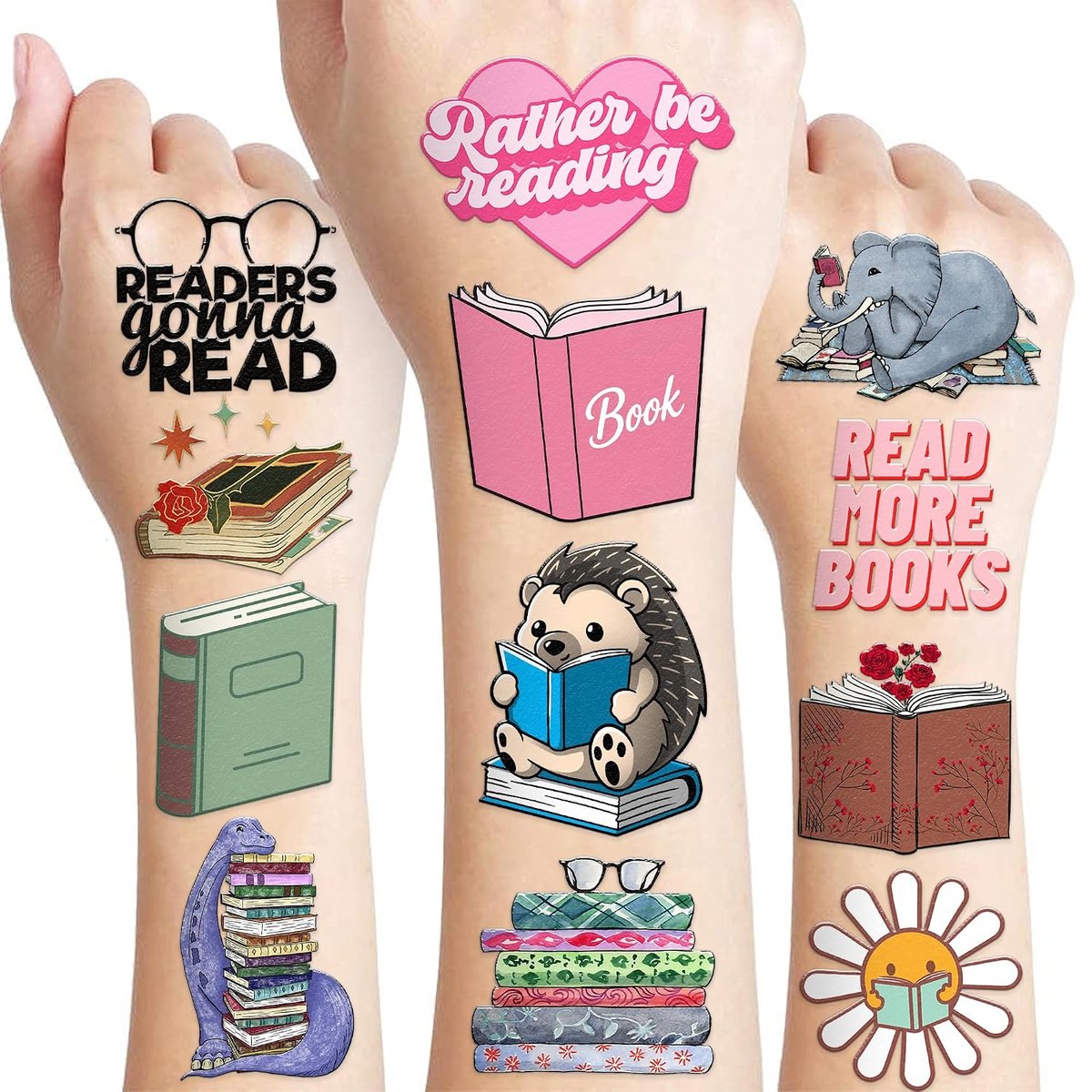 Temporary tattoos with reading slogans and book-loving animals