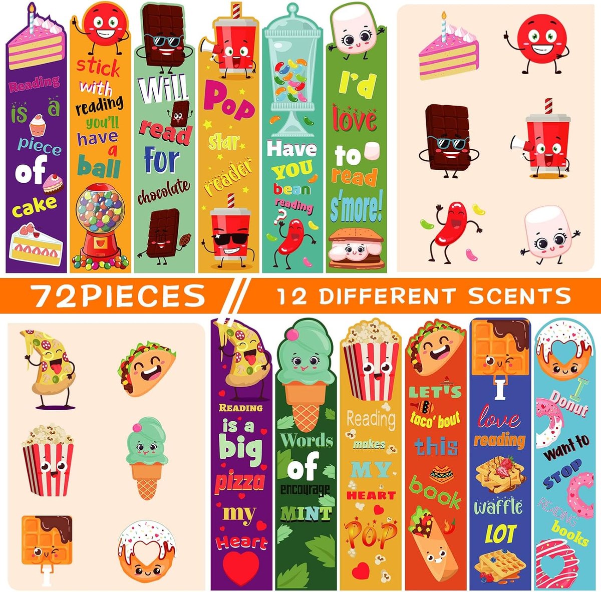 Scented bookmarks printed with snack and dessert characters