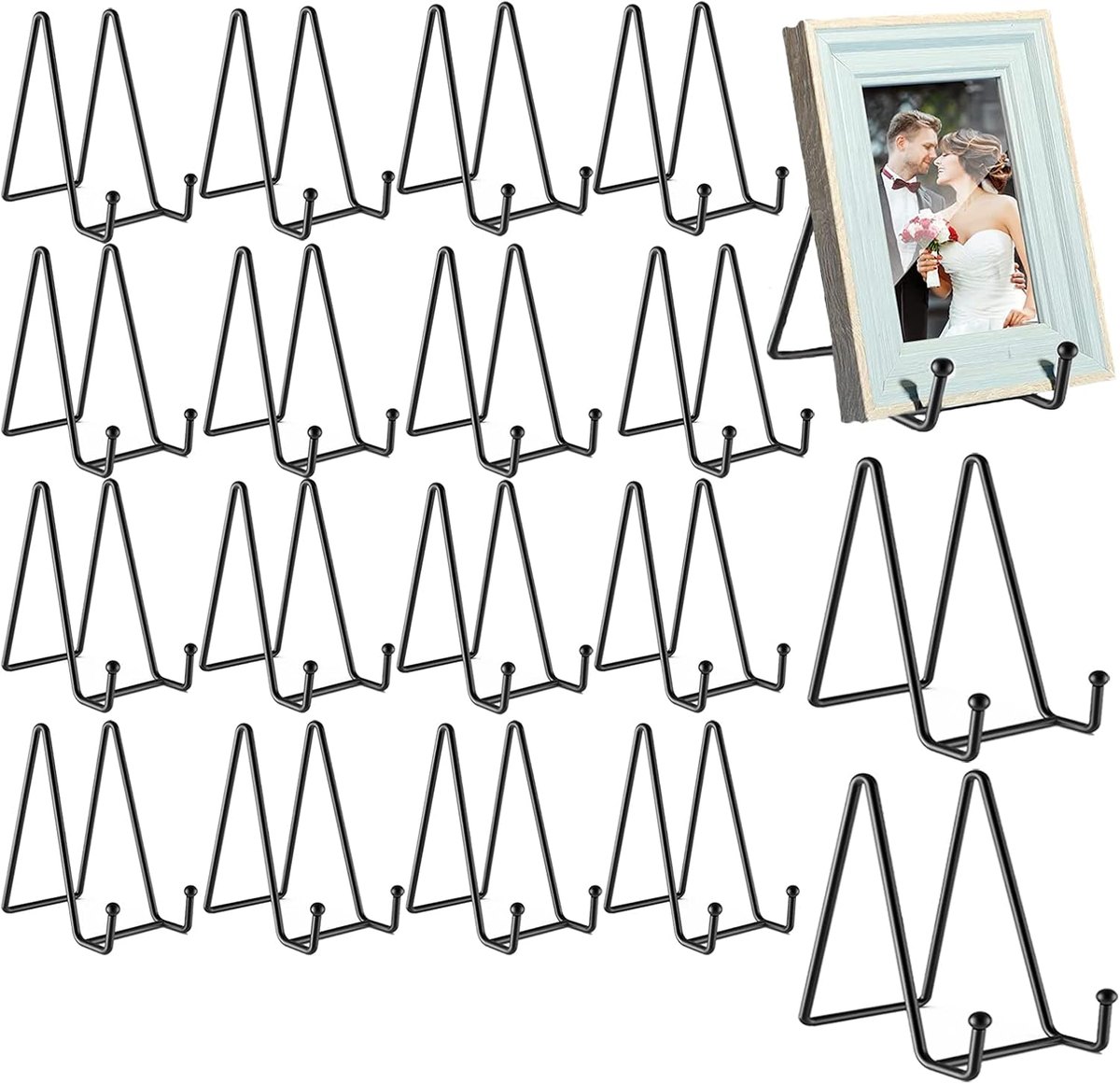 Black wire triangular easels arranged in rows
