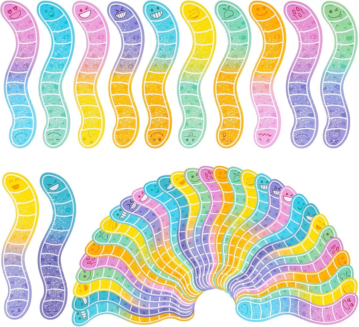 Holographic glitter bookmarks shaped like smiling gummy worms
