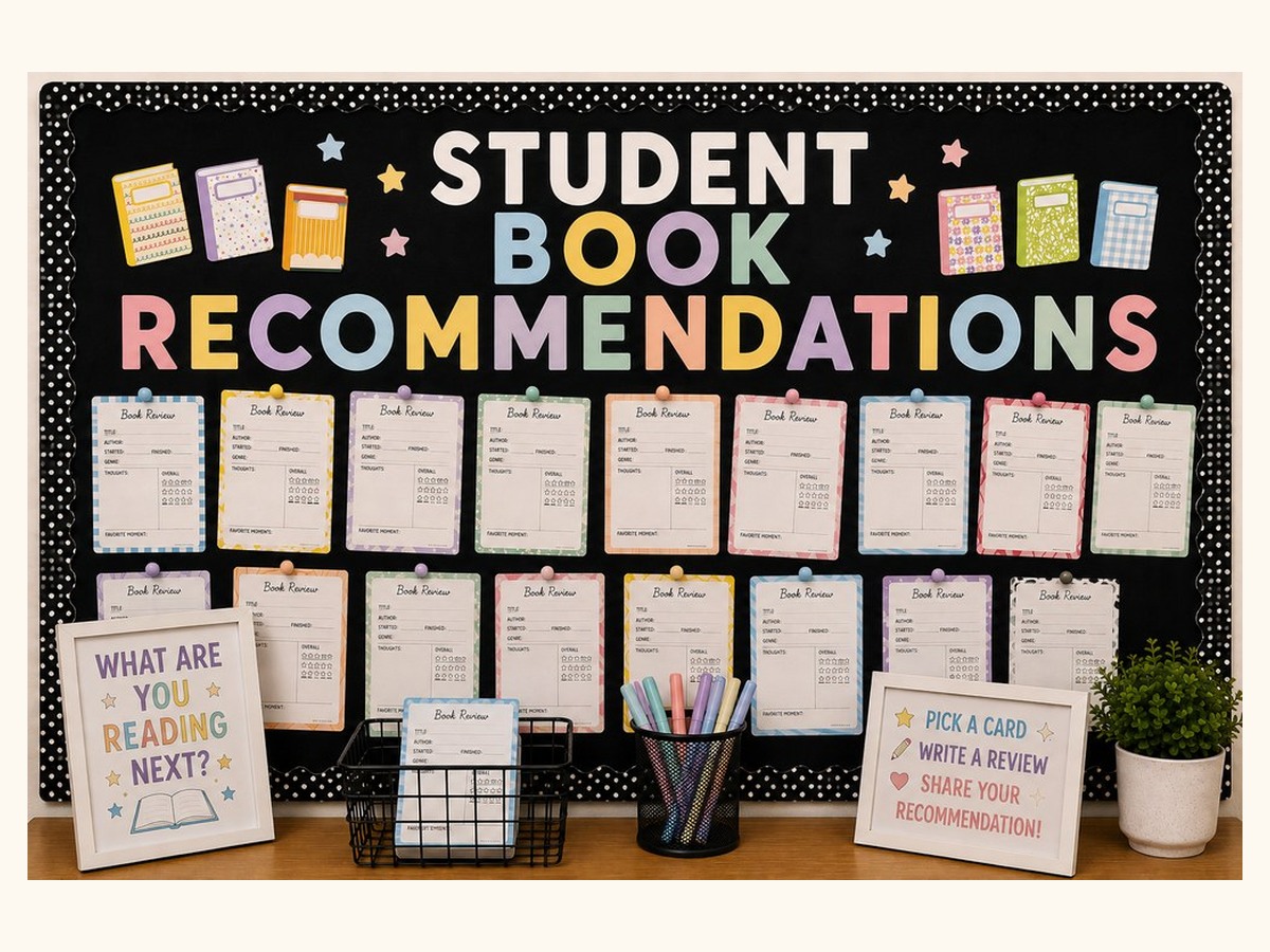 Student book recommendations bulletin board collage