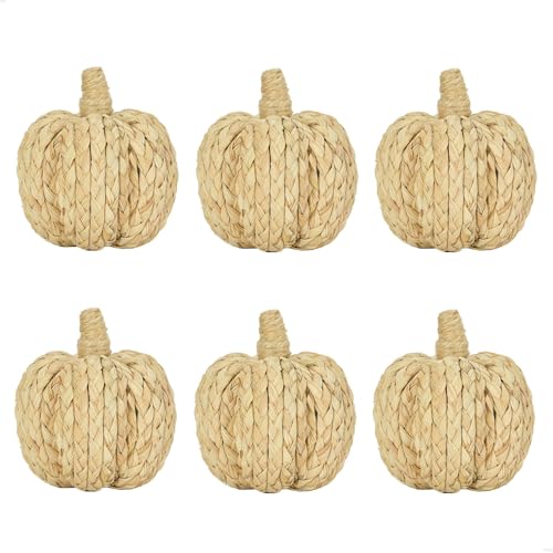 Woven braided cornhusk pumpkins in a natural straw color with twisted stems