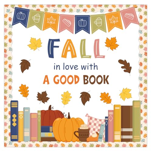 Bulletin board set with pennant banner, Fall in Love with a Good Book lettering, leaves and a row of illustrated books