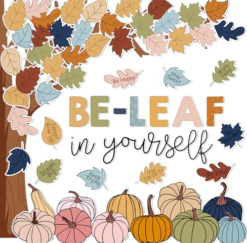 Bulletin board set with a tree trunk, muted leaves, Be-Leaf in Yourself lettering and a row of soft-toned pumpkins