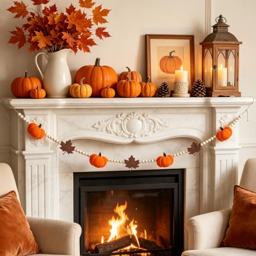 Garland of stitched felt pumpkins in orange and brown alternating with natural wood beads