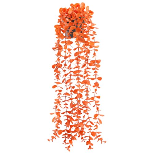 Trailing artificial eucalyptus strands in bright autumn orange with dense small leaves