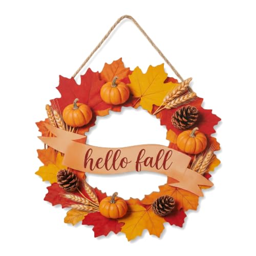 Round maple leaf wreath door hanger with pumpkins, wheat and pinecones around a Hello Fall banner